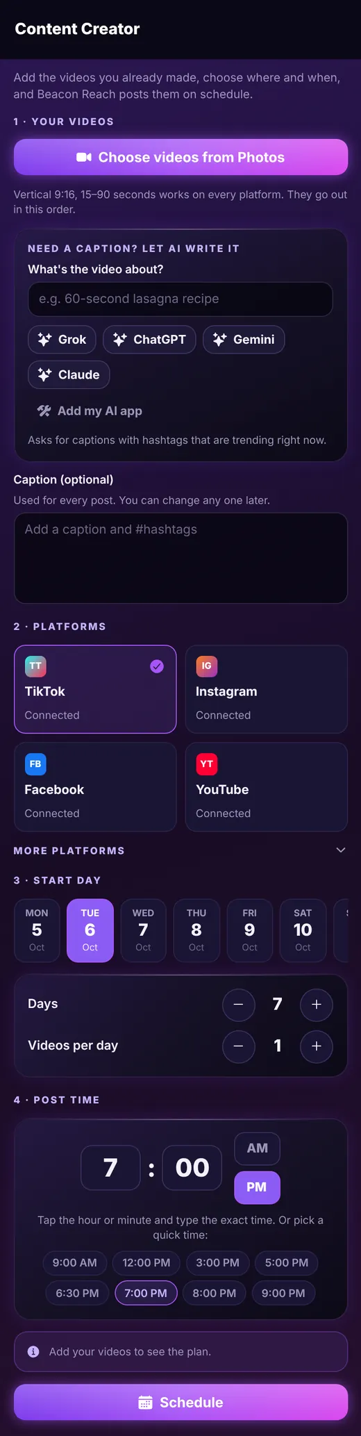 Full Content Creator form with video picker, caption, platforms, days and schedule button