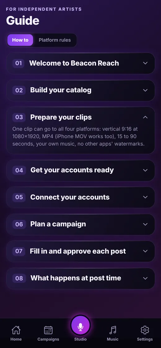 Guide with expandable how-to steps