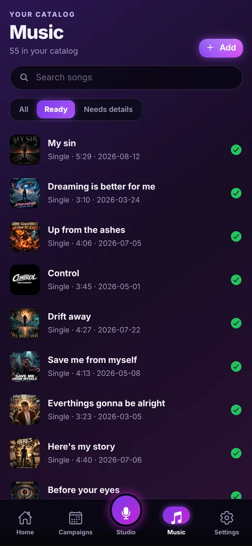 Music catalog filtered to songs that are ready