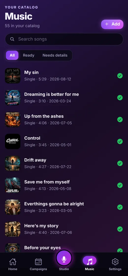 Music catalog with cover art, release types and ready checkmarks