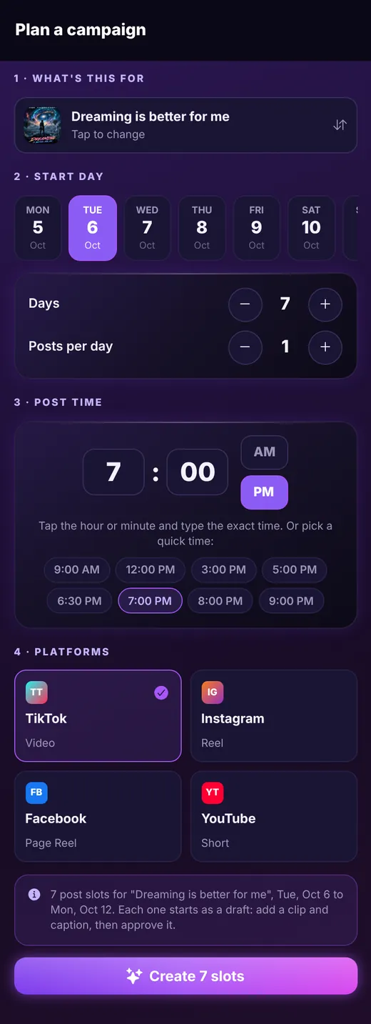 Campaign planner with song, start day, days, posts per day, time and platforms
