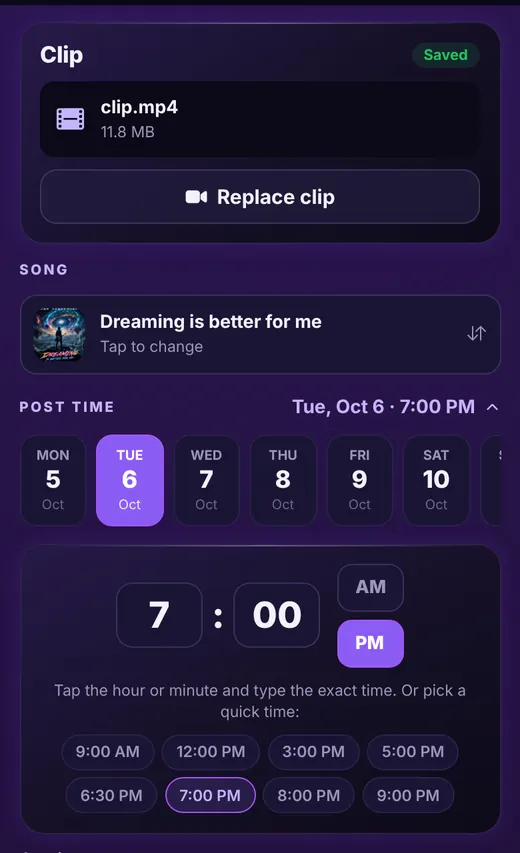Post screen with clip, song and post time