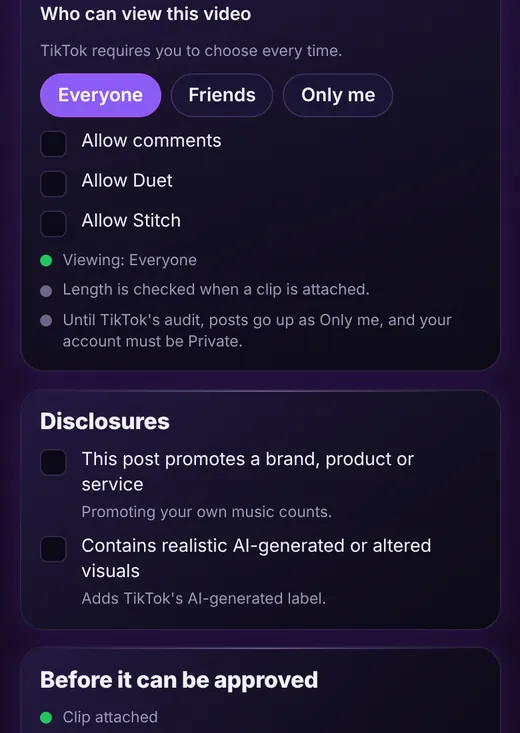 TikTok options, disclosures and approval checklist