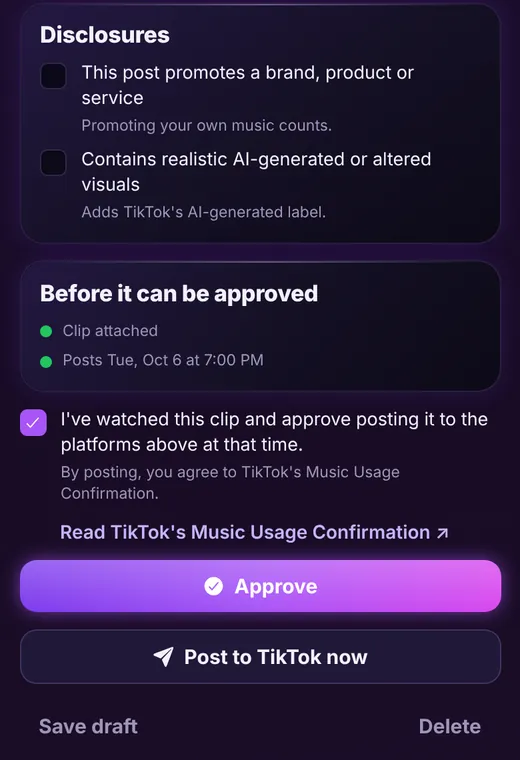 Approval checklist and Approve button