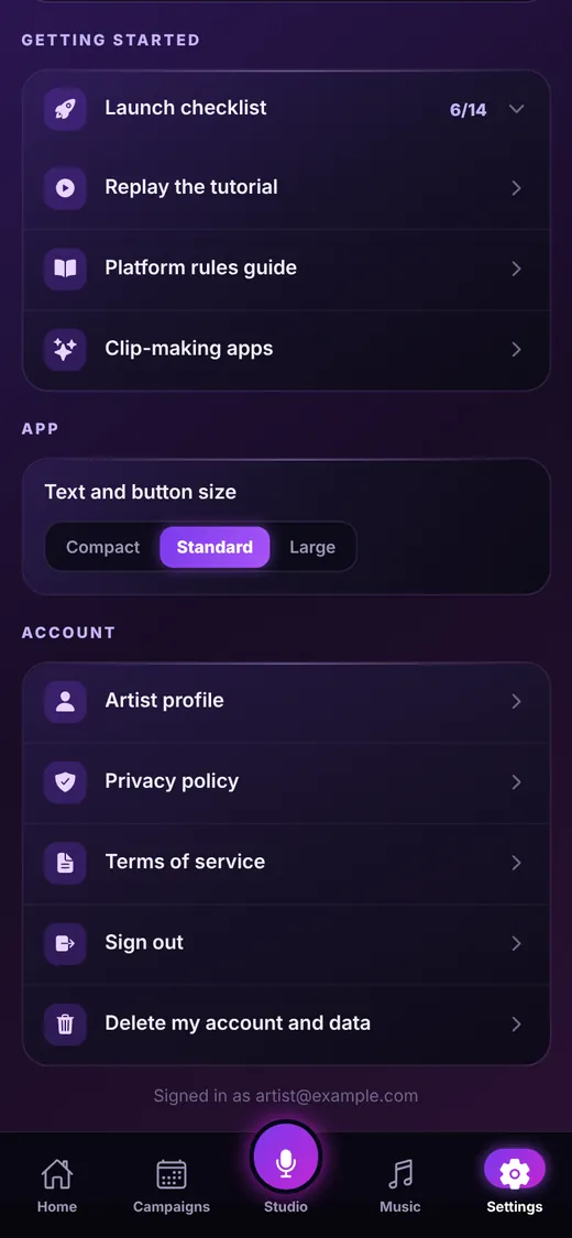 Settings with account options including Delete my account and data