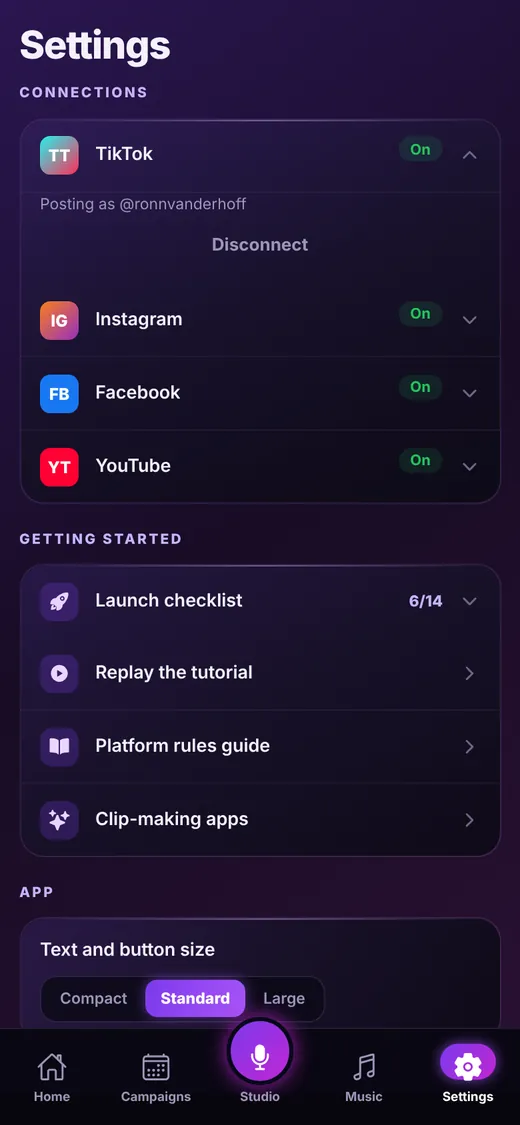 Connections list with TikTok expanded