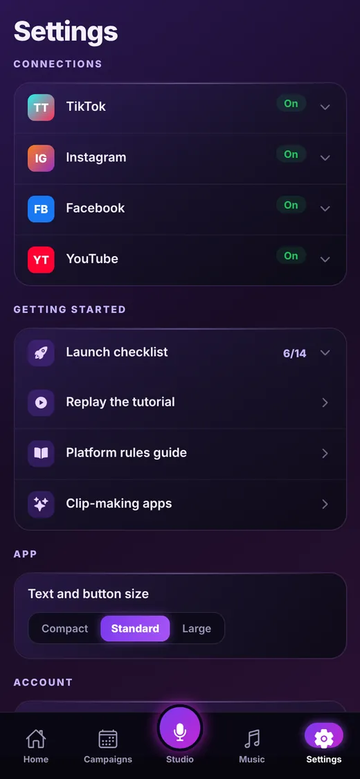 Settings connections showing TikTok, Instagram, Facebook and YouTube all on