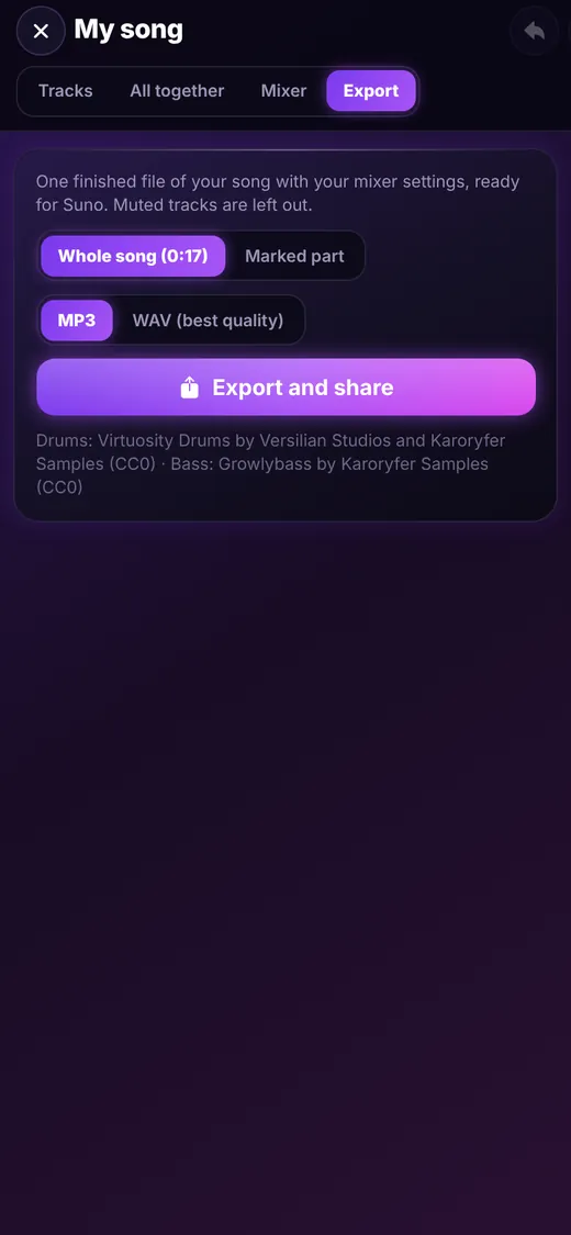 Export screen with MP3 and WAV options