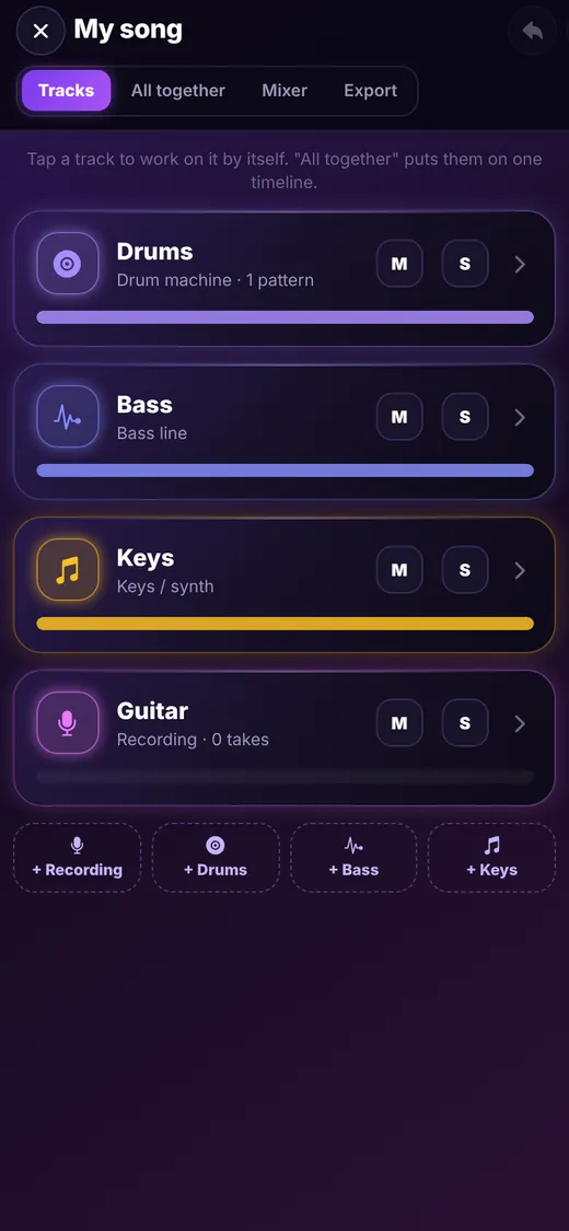 Music Studio with Drums, Bass, Keys and Guitar tracks