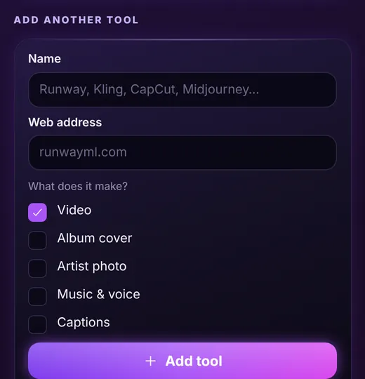 Add another tool form with name, web address and what it makes