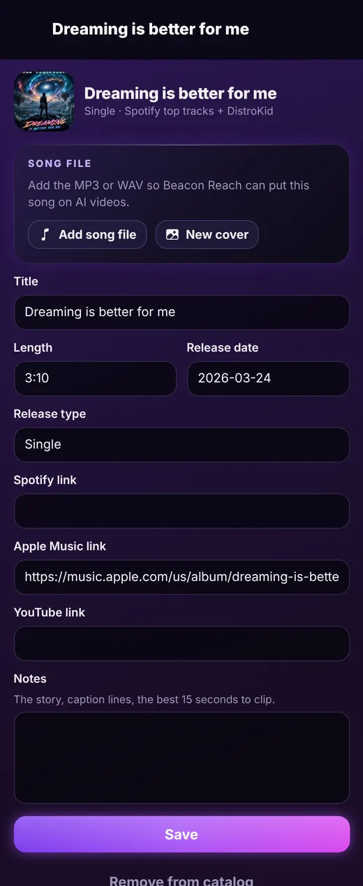 Song details with file, cover, title, length, release date and links