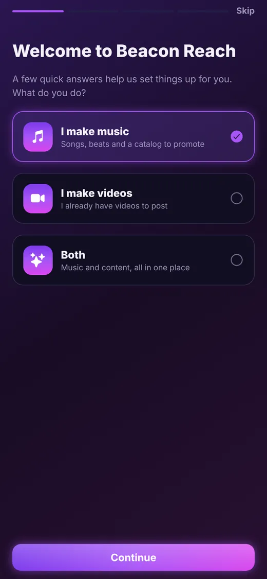 Welcome tutorial asking what you do