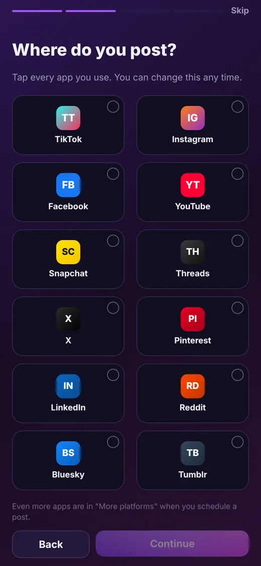Choose every app you post to during the welcome tutorial